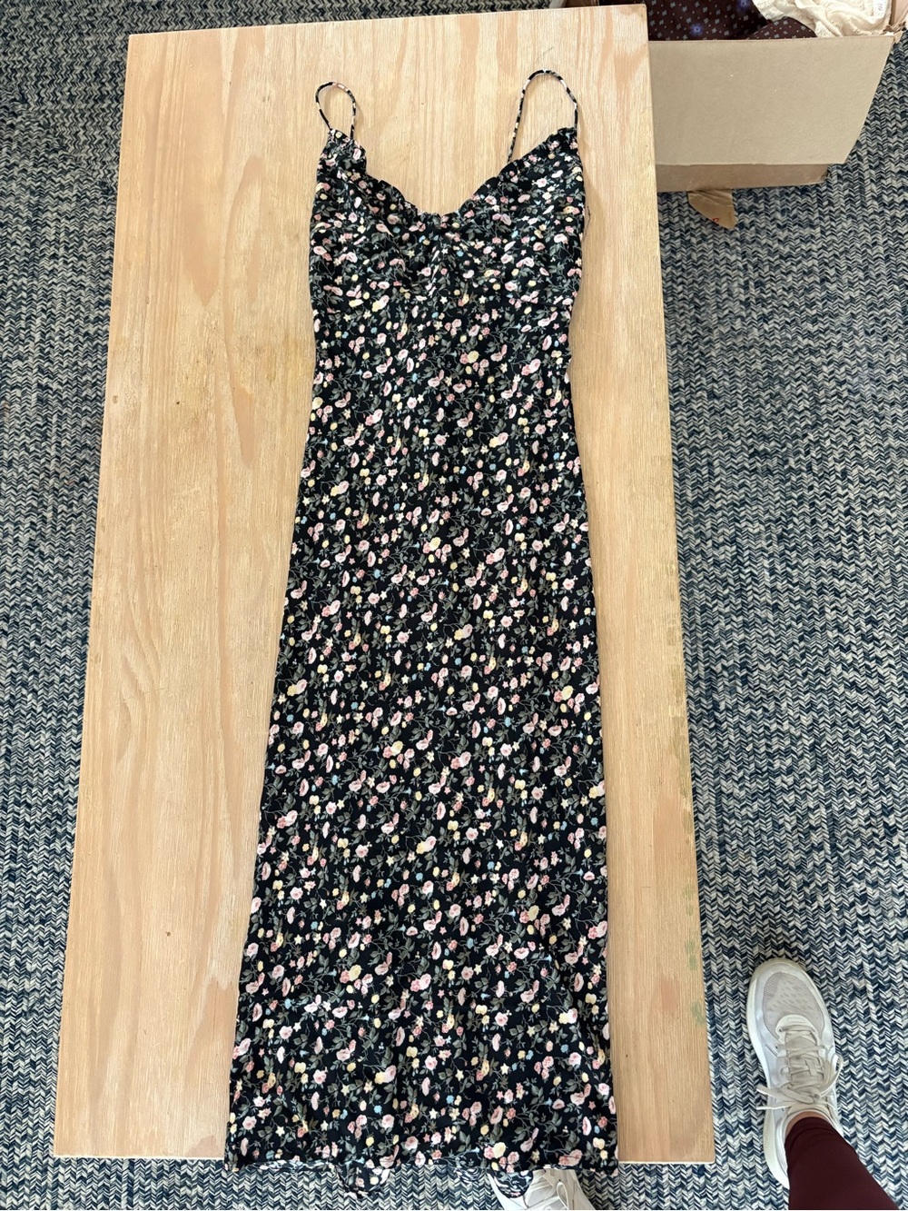 Abercrombie & Fitch Black Floral Midi Slip Dress with Pink and Cream Accents